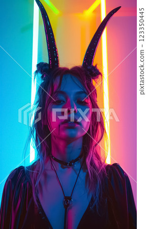 woman with devil horns, female evil halloween seductive concept, person daemon stylish portrait 123350445