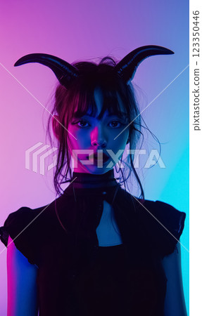 woman with devil horns, female evil halloween seductive concept, person daemon stylish portrait 123350446