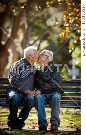 senior man gay couple sitting on park bench and kissing, romantic moment of older lgbt male, men hugging and emracing 123350580