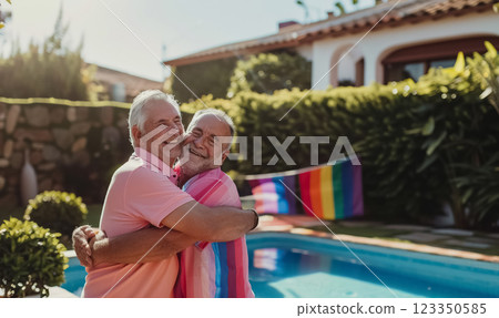 senior gay male couple hugging at home with rainbow sign on background, family of two happy lgbt man kiss and embrace 123350585