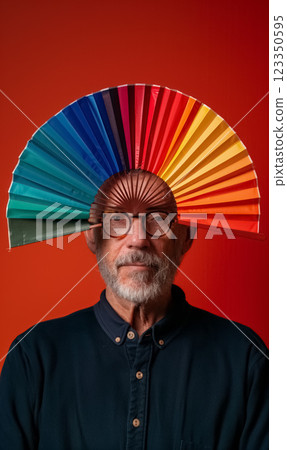 senior gay man with colorful rainbow sign fan, lgbt equality and human rights concept, older homosexual stylish male with wise gaze 123350595