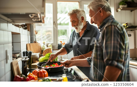 senior gay man couple preparing food at cozy kitchen 123350604