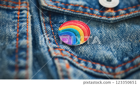 rainbow color pin badge on jeans or jacket pocket, pride and lgbtq community support concept rainbow color pin badge on jeans or jacket pocket, pride and lgbtq community support concept 123350651
