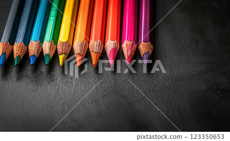 collection of colored pencils arranged in straight line on dark surface, displaying spectrum of rainbow pride colors, creativity and artistic expression concept collection of colored pencils arranged in straight line on dark surface, displaying spectrum of rainbow pride colors, creativity and artistic expression concept 123350653