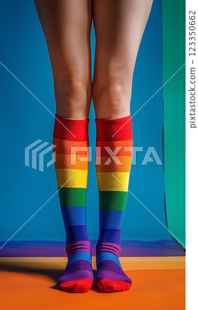 person stands on vibrant rainbow pride striped background, wearing colorful lgbtq socks with bold stripes, celebrating diversity in cheerful and inviting atmosphere person stands on vibrant rainbow pride striped background, wearing colorful lgbtq socks with bold stripes, celebrating diversity in cheerful and inviting atmosphere 123350662