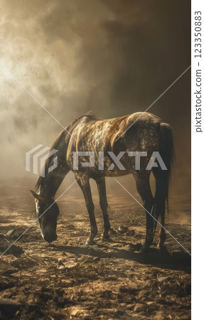 skinny horse seeking water and suffering from drought and heat wave with extreme hot weather and temperature, global warming and climate change impact on animals concept 123350883