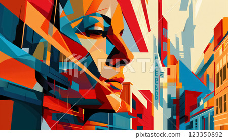 An abstract mural depicting vibrant colors and geometric shapes, blending human faces and urban scenery, illustrating a dynamic city life in a modern artistic style 123350892