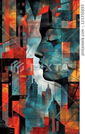 An abstract mural depicting vibrant colors and geometric shapes, blending human faces and urban scenery, illustrating a dynamic city life in a modern artistic style 123350893