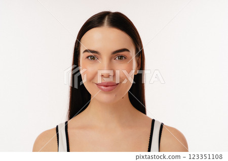 Natural Smiling Expression Portrait on a Bright White Background 123351108