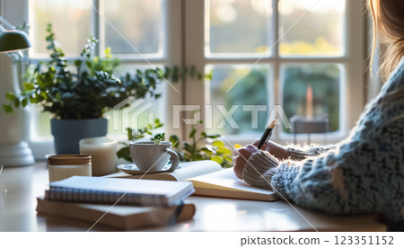 serene woman sitting at home by window and writing notes, female dreaming in cozy casual interior, write in diary and drink warm coffee 123351152