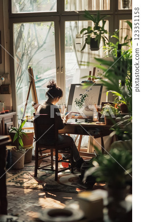 young woman artist painting picture in cozy loft style art studio with green plants and flowers, big windows with sunlight, self expression and hobby concept 123351158