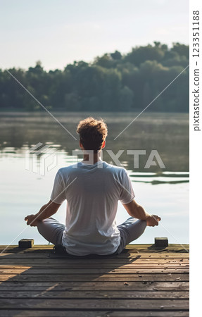 Meditation practice at sunrise by the tranquil lake surrounded by lush greenery in peaceful solitude, person man meditating 123351188