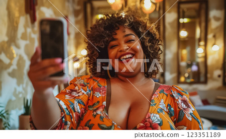 happy fat woman making selfie, plus size female with overweight and obesity using smartphone and making photo, self confidence and acceptance concept 123351189