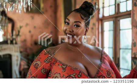 happy fat woman making selfie, plus size female with overweight and obesity using smartphone and making photo, self confidence and acceptance concept 123351190