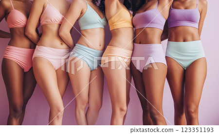 group of young model women in swimsuits and lingerie posing studio cropped shot, dieting and weight loss, perfect body shapes, positive summer vibes and bold fashion, natural beauty 123351193