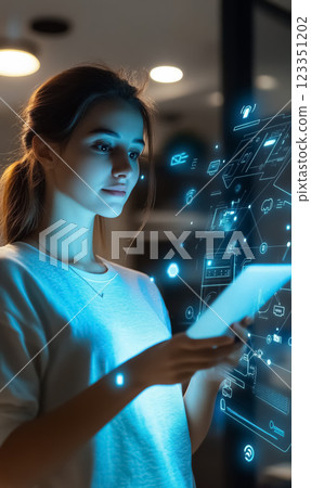 young woman using digital touchscreen and interacting with holographic interface in modern workspace 123351202
