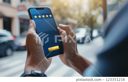 person leave five stars review at online shop survey after buying, in application customer feedback after shopping, client service and customer experience 123351216