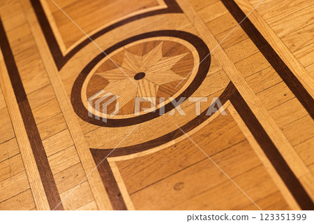 Elegant Wooden Floor With Intricate Star Pattern, Detailed Inlay Design 123351399
