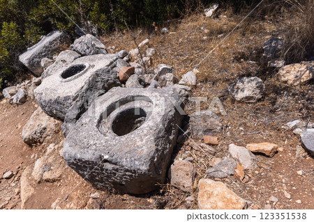 Few fallen blocks of ancient Roman Delikkemer aqueduct, Turkey 123351538