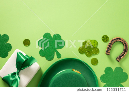 St Patrick's Day frame with gift, Leprechaun hat, horseshoe and traditional decoration, shamrock, clover leaves and green coins on light green background. View from above. Copy space. 123351711