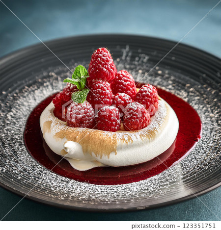 Elegant Meringue Dessert with Raspberries 123351751