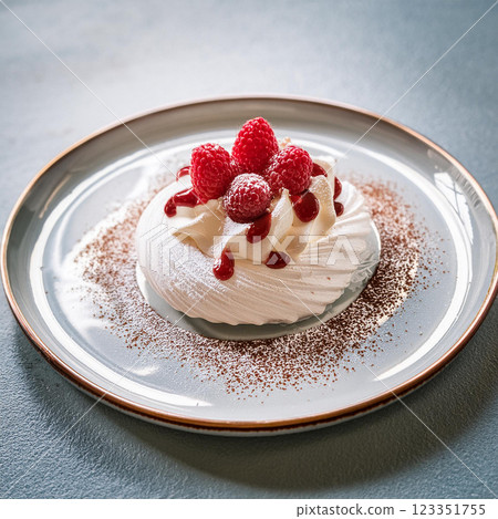 Elegant Meringue Dessert with Raspberries 123351755