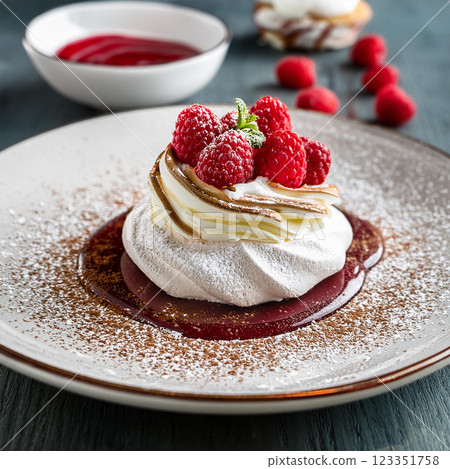 Elegant Meringue Dessert with Raspberries 123351758