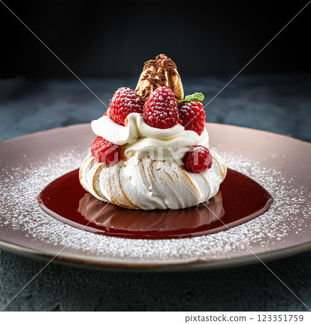 Elegant Meringue Dessert with Raspberries 123351759