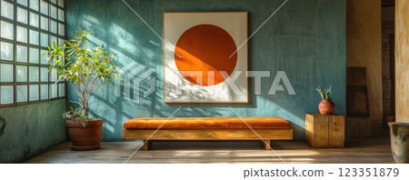 Stylish apartment interior with modern art and cozy seating area 123351879