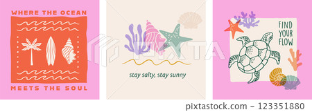 Summer backgrounds, cards, banner templates. Hand drawn modern illustrations, doodles, printable 123351880