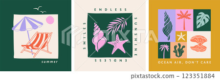 Summer backgrounds, cards, banner templates. Hand drawn modern illustrations, doodles, printable 123351884