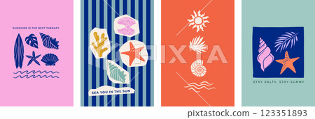 Summer backgrounds, vertical cards, banner templates with sea life illustrations. Hand drawn modern 123351893