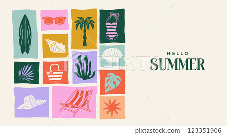 Summer backgrounds, pattern, cards, banner templates. Hand drawn modern illustrations, doodles with 123351906
