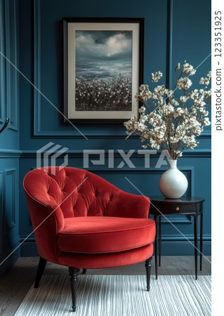 Minimal modern living room with red chair and floral decor 123351925