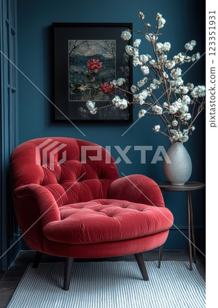 Minimal modern living room with red velvet armchair and floral decor 123351931