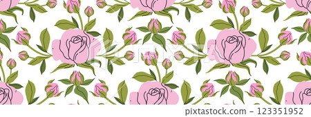 Beautiful flowers seamless pattern. Delicate pink rose with stem and leaves, small bud. Botanical spring pattern. For wallpaper, textiles. Coquette Aesthetic style. Elegant vintage Vector illustration Beautiful flowers seamless pattern. Delicate pink rose with stem and leaves, small bud. Botanical spring pattern. For wallpaper, textiles. Coquette Aesthetic style. Elegant vintage Vector illustration 123351952