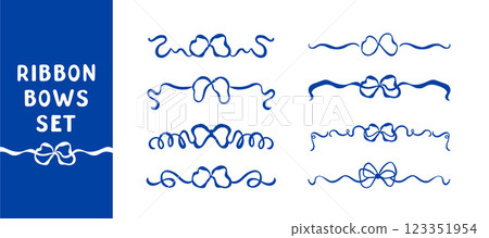 Set of hand-drawn ribbon bows in various styles. Wedding celebration, holiday, party decoration, gift, present concept. Coquette Aesthetic style. Elegant vintage vector illustration. 123351954