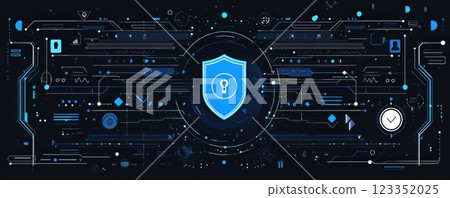 Futuristic digital security interface with a shield in blue tones 123352025