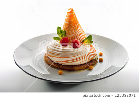 Elegant Mousse Dessert on Pristine White Plate 123352071