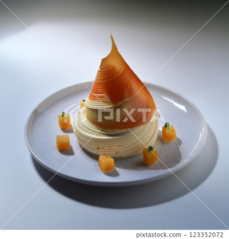 Elegant Mousse Dessert on Pristine White Plate 123352072
