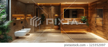 Modern bathroom with elegant wooden accents and lush greenery 123352097