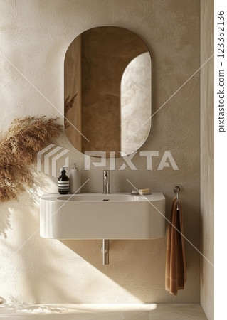 Modern minimalist wall-mounted bathroom with oval mirror and sink 123352136