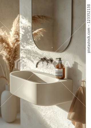 Modern minimalist wall-mounted bathroom sink with natural decor 123352138