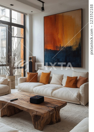 Modern minimalist living room with stylish decor and furniture 123352188