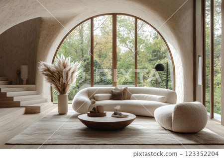 Minimalist living room with elegant arched windows and cozy seating Minimalist living room with elegant arched windows and cozy seating 123352204