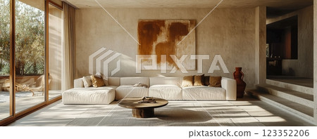 Minimalist living room with a large sofa and abstract art piece 123352206