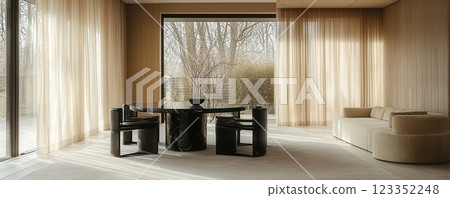 Minimalist dining room with sheer curtains and modern furniture Minimalist dining room with sheer curtains and modern furniture 123352248