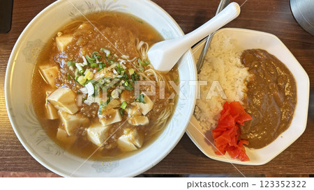 Scene from a restaurant (lunch set of spicy mapo ramen and mini curry) 123352322