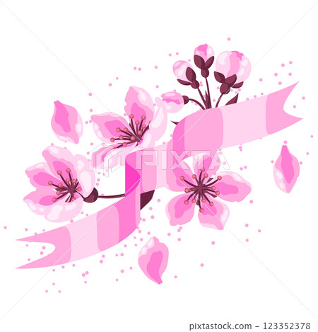 Ribbon with spring flowers. Apple, sakura or cherry blossom. Beautiful decorative blooming plants. 123352378