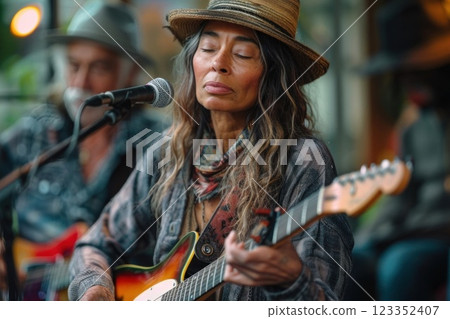 Focused Female Musician Playing Guitar and Singing at Outdoor Venue 123352407